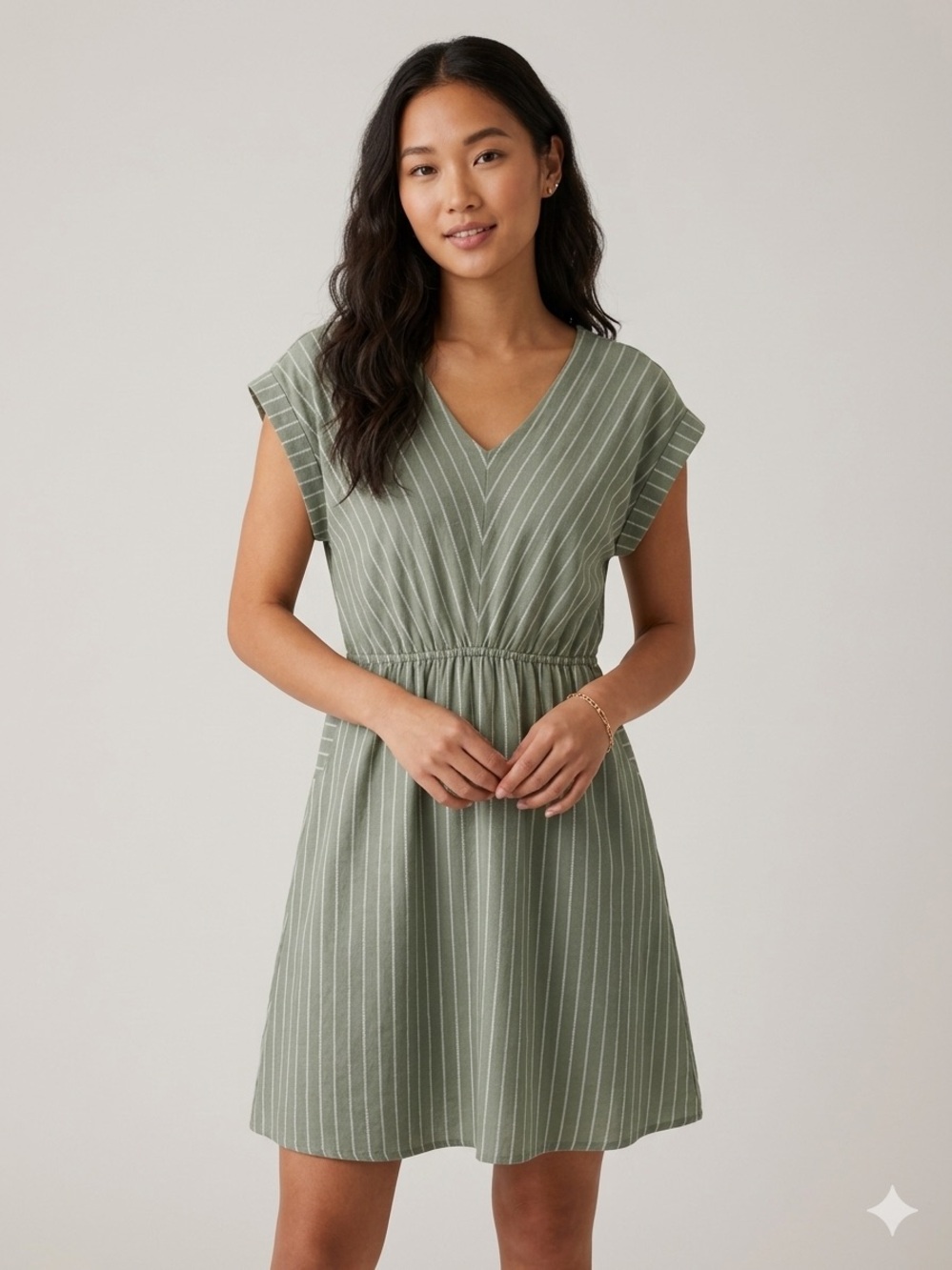 Striped V-Neck Mini Dress in Sage